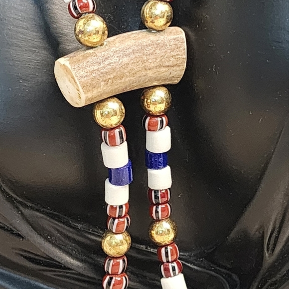 Vintage 1980s Tribal Bolo Necklace Shell Tips Antler Slide Beaded Southwestern - Picture 6 of 11